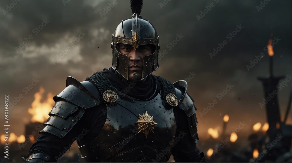 Fototapeta premium a black theme warrior general with armor portrait on middle of a battle ground fight from Generative AI