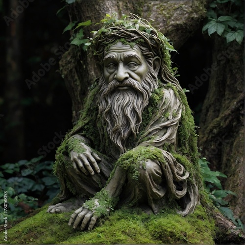 venerable statue adorned with moss, ivy, and roots, embodying nature's wisdom. photo