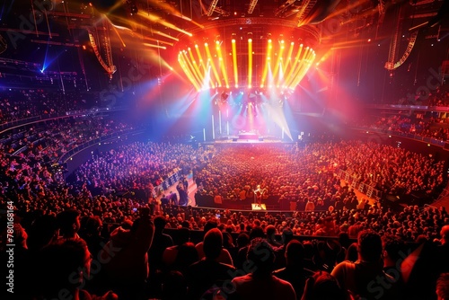 Crowded concert hall with stage lights and audience, live music performance scene