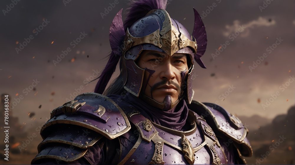 a purple theme warrior general with armor portrait on middle of a battle ground fight from Generative AI a purple theme warrior general with armor portrait on middle of a battle ground fight from Generative AI
