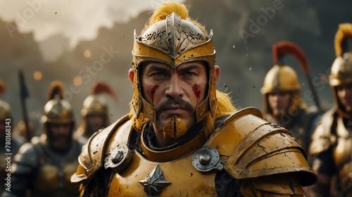 a yellow theme warrior general with armor portrait on middle of a battle ground fight from Generative AI