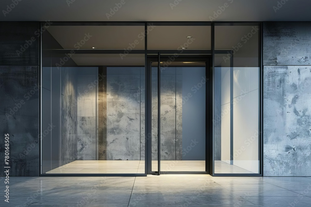 Modern dark glass entrance door with side lighting and wall section, interior architecture