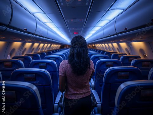 Woman sitting in an airplane, view from behind her looking at the empty seats in front of her photo