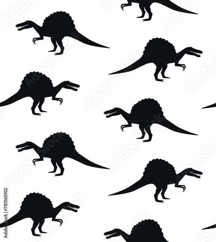 Vector seamless pattern of flat hand drawn spinosaurus dinosaur silhouette isolated on white background