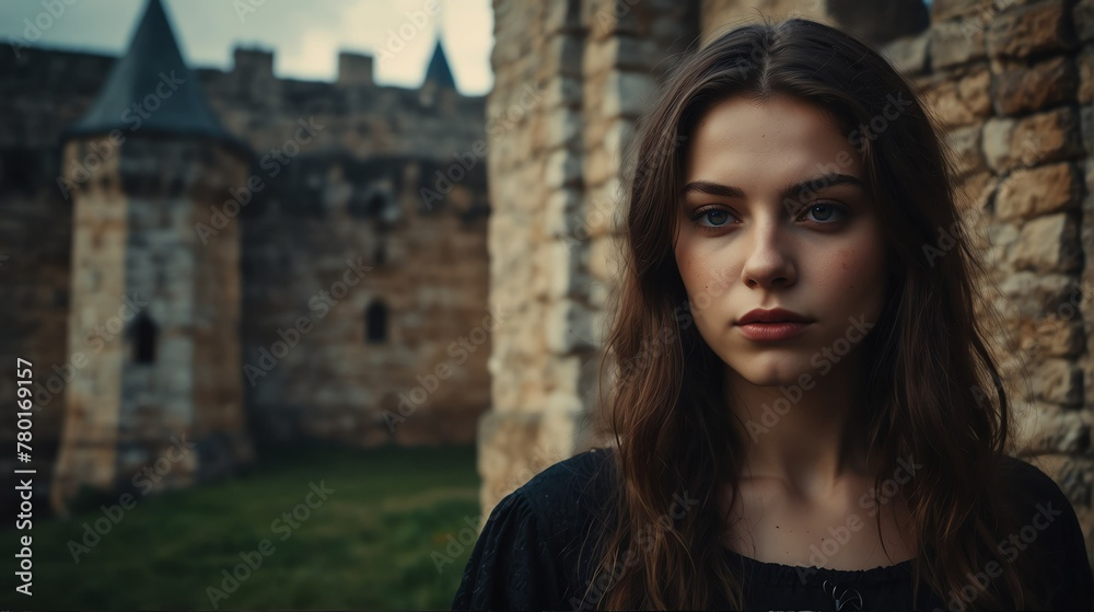 young woman witch portrait on medieval era castle background from Generative AI young woman witch portrait on medieval era castle background from Generative AI