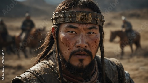 a mongol warrior portrait on middle of a battle ground fight from Generative AI