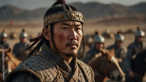 a mongol warrior portrait on middle of a battle ground fight from Generative AI