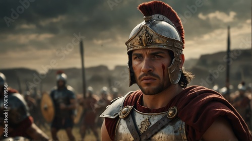 a roman warrior portrait on middle of a battle ground fight from Generative AI photo
