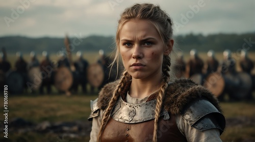 a young woman viking warrior portrait on middle of a battle ground fight from Generative AI