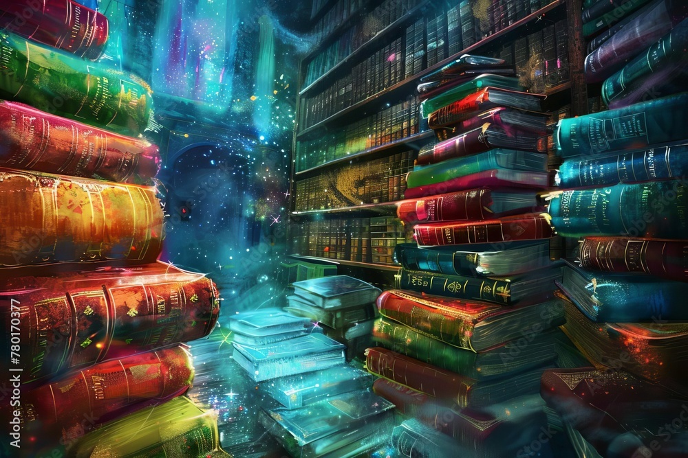 Whimsical stack of colorful books in magical library, surreal digital painting