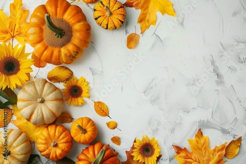 Festive autumn composition with pumpkins, fall leaves, and sunflowers, seasonal banner