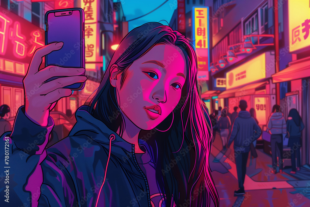 Fashionable Young Asian Woman Taking a Selfie in Neon-Lit Street