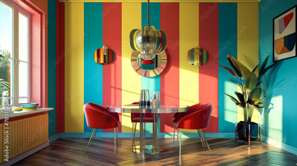 A vibrant and stylish dining space featuring bold stripes in retro colors, reflective spherical decorations, and modern furniture, all bathed in natural sunlight.