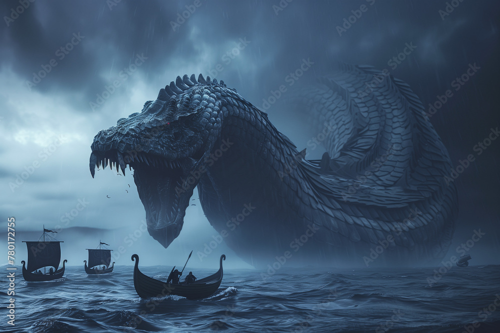 Jörmundgander, Viking World Serpent, gigantic monster attacking drakkar ships and terrorizing the gods - obrazy, fototapety, plakaty 