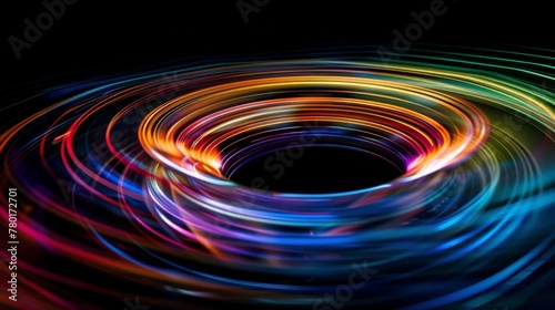 A swirling vortex of rainbow colors on a black background evokes a sense of otherworldly energy.