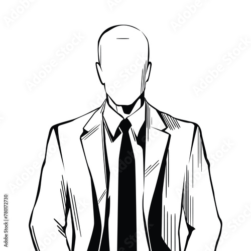 Silhouette of a man in a tie and business suit. A businessman and politician stands up to his waist. Graphic drawing, logo of a lawyer, a man in a jacket. Vector
