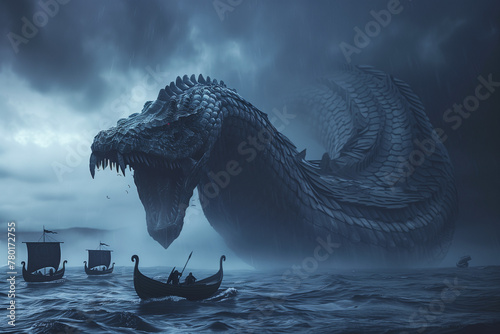 Jörmundgander, Viking World Serpent, gigantic monster attacking drakkar ships and terrorizing the gods