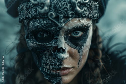 Hela, goddess of death, half skull face of a Viking woman from Norse mythology