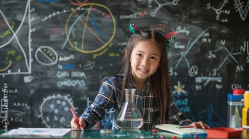 A world of inspiration for children's learning in science education with the imagination of an Asian girl on the teacher's blackboard to go back to the school month.