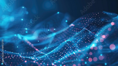 Abstract blue background with interweaving of colored dots and lines, Wave of dots and weave lines.