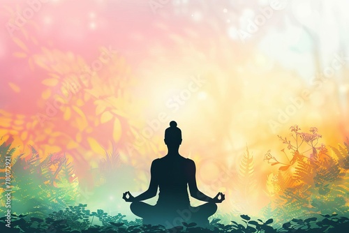 Tranquil silhouette of person meditating in yoga pose, peaceful nature background