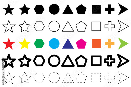 Colorful basic shapes set. Filled and outlined icons. Directional arrows. Vector illustration. EPS 10.