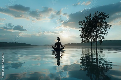 Tranquil silhouette of person meditating in yoga pose, peaceful nature background