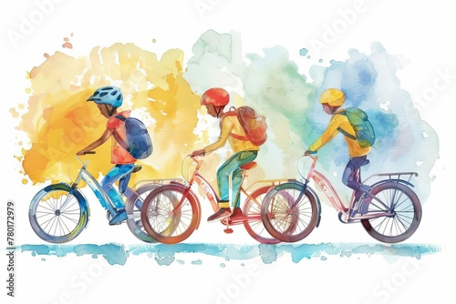 Vibrant Watercolor Illustration of Happy Schoolchildren Riding Bicycles, Perfect for Joyful T-Shirt Designs