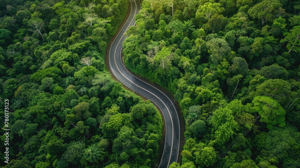 Aerial top view beautiful curve road on green forest in the rain season.