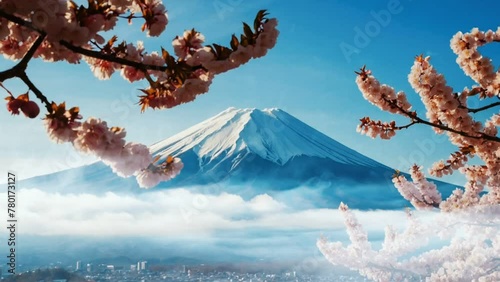 Snow and cerry blossom in montain, seamless looping animation video background  photo