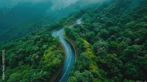 Aerial top view beautiful curve road on green forest in the rain season. © panu101
