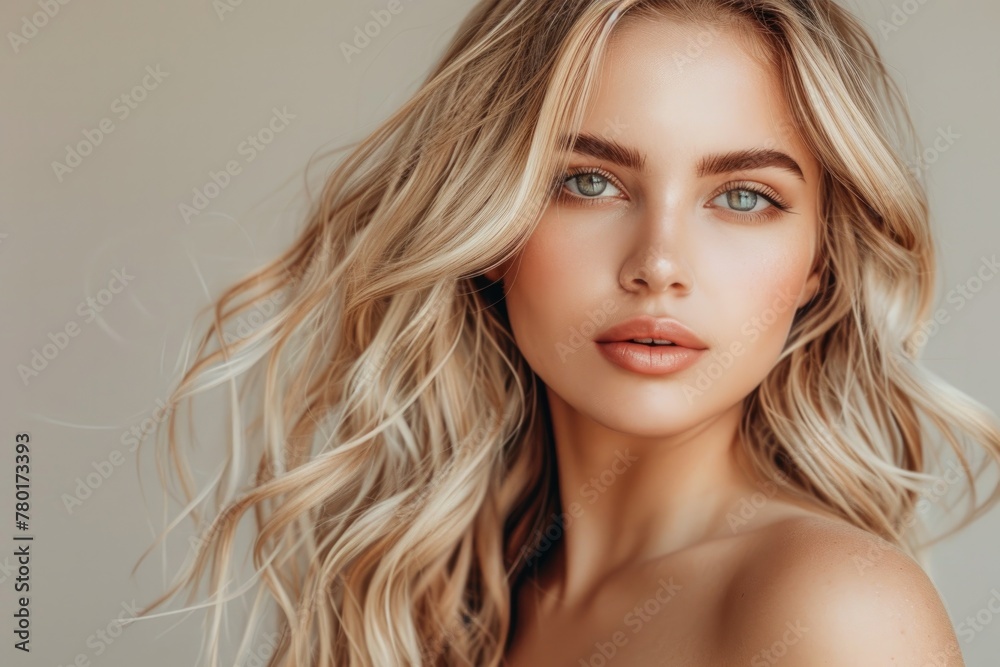 beautiful blonde woman with wavy medium-long hair, healthy skin looks at the camera and natural makeup
