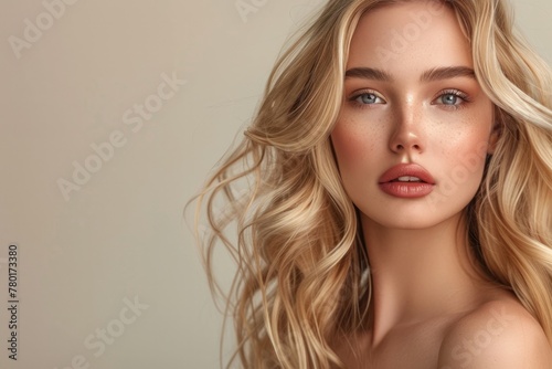 beautiful blonde woman with wavy medium-long hair, healthy skin looks at the camera and natural makeup