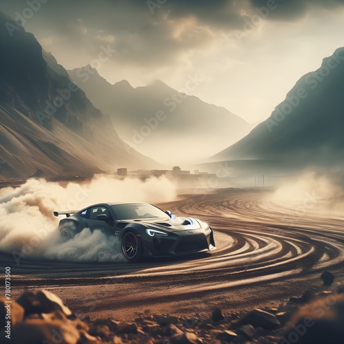 Cinematic close-up showing a sports car drifting in circles over rough terrain. 