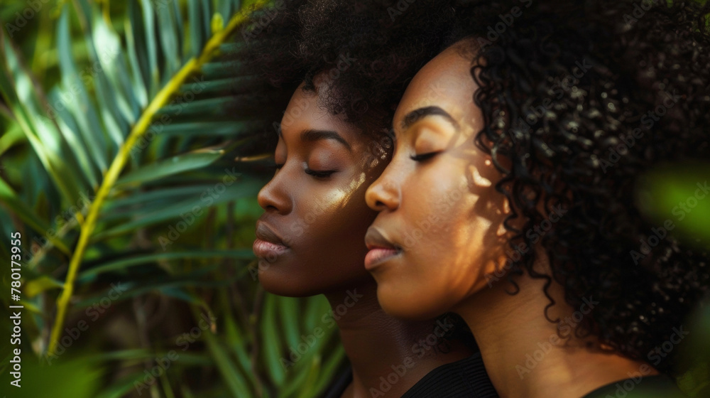 Two black women stand side by side in a tea garden their eyes closed as they take in the soothing aromas and gentle sounds of nature. The verdant backdrop reflects their inner peace . Two black women stand side by side in a tea garden their eyes closed as they take in the soothing aromas and gentle sounds of nature. The verdant backdrop reflects their inner peace .