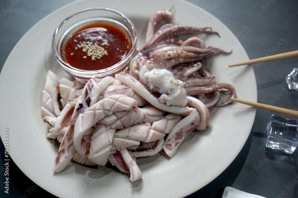 blanched Squid on plate.sea food blanched Squid on plate.sea food