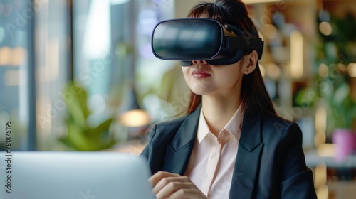 smart technology metaverse future goggle device asian business woman wearing vr headset online virtual meeting