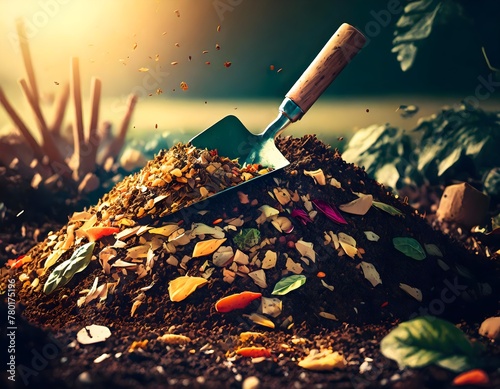 un montón de compost con una pala y restos de alimentos orgánicos photo