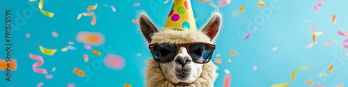 Happy Birthday, carnival, New Year's eve, sylvester or other festive celebration, funny animals card: alpaca with party hat and sunglasses on blue background with confetti 