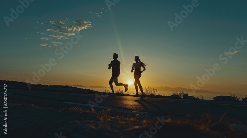 The silhouettes of male and female runners run together along the road against the background of a wide basin.