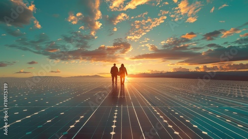 The solar farm(solar panel) with two engineers walk to check the operation of the system