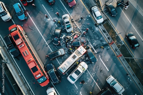 Aerial View of Major Urban Traffic Collision Involving Multiple Vehicles and a Bus photo