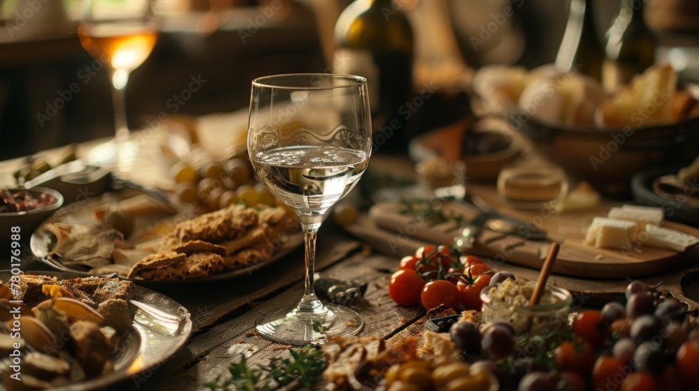 Close-up of a rustic, unkempt table with Pastis in a clear glass, surrounded by delicious, artisanal snacks