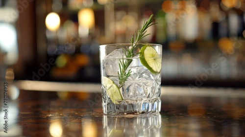 Elegant gin and tonic in a clear glass, garnished with rosemary, ice, and a slice of lime, bar elegance encapsulated