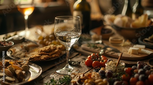 Close-up of a rustic  unkempt table with Pastis in a clear glass  surrounded by delicious  artisanal snacks