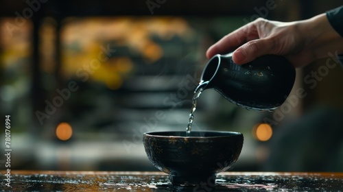 Close-up of a hand pouring sake, with the bowl waiting below, a testament to the ritual's timeless allure