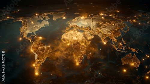 Illuminated Golden Light World Map on Dark Background Nighttime Concept  