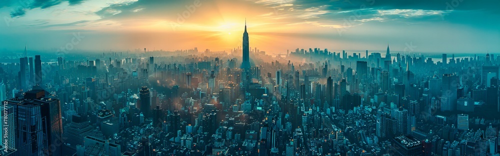 Majestic Aerial View of Manhattan at Sunset, Emphasizing the Iconic Skyline and the Bustling Life of New York City