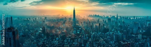 Majestic Aerial View of Manhattan at Sunset  Emphasizing the Iconic Skyline and the Bustling Life of New York City