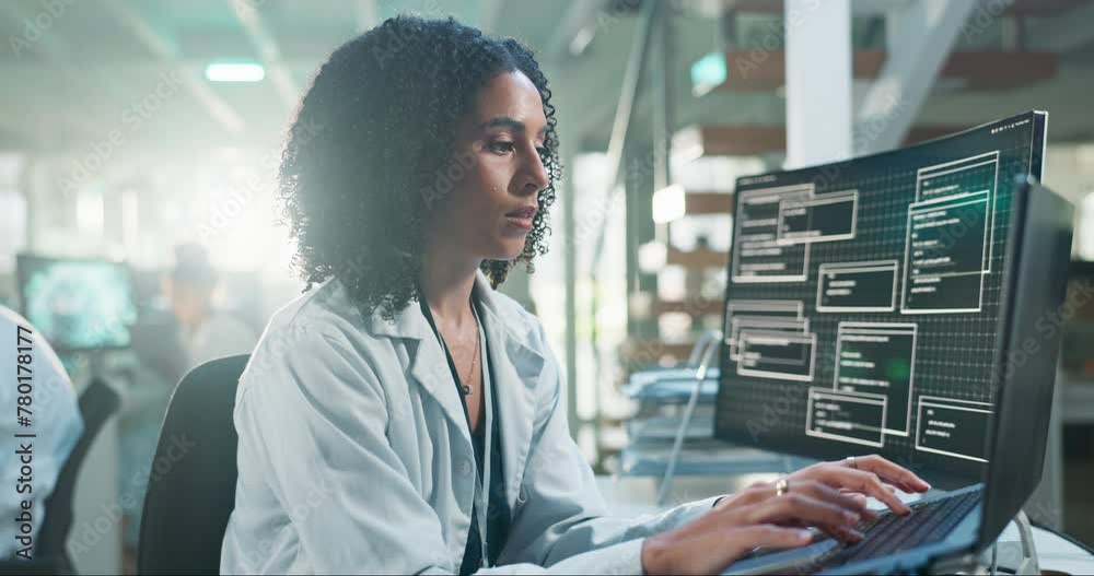 Science, laboratory and woman at computer typing, programming or checking database for online study. Medical research, healthcare and scientist at desk with website search for code in tech innovation
